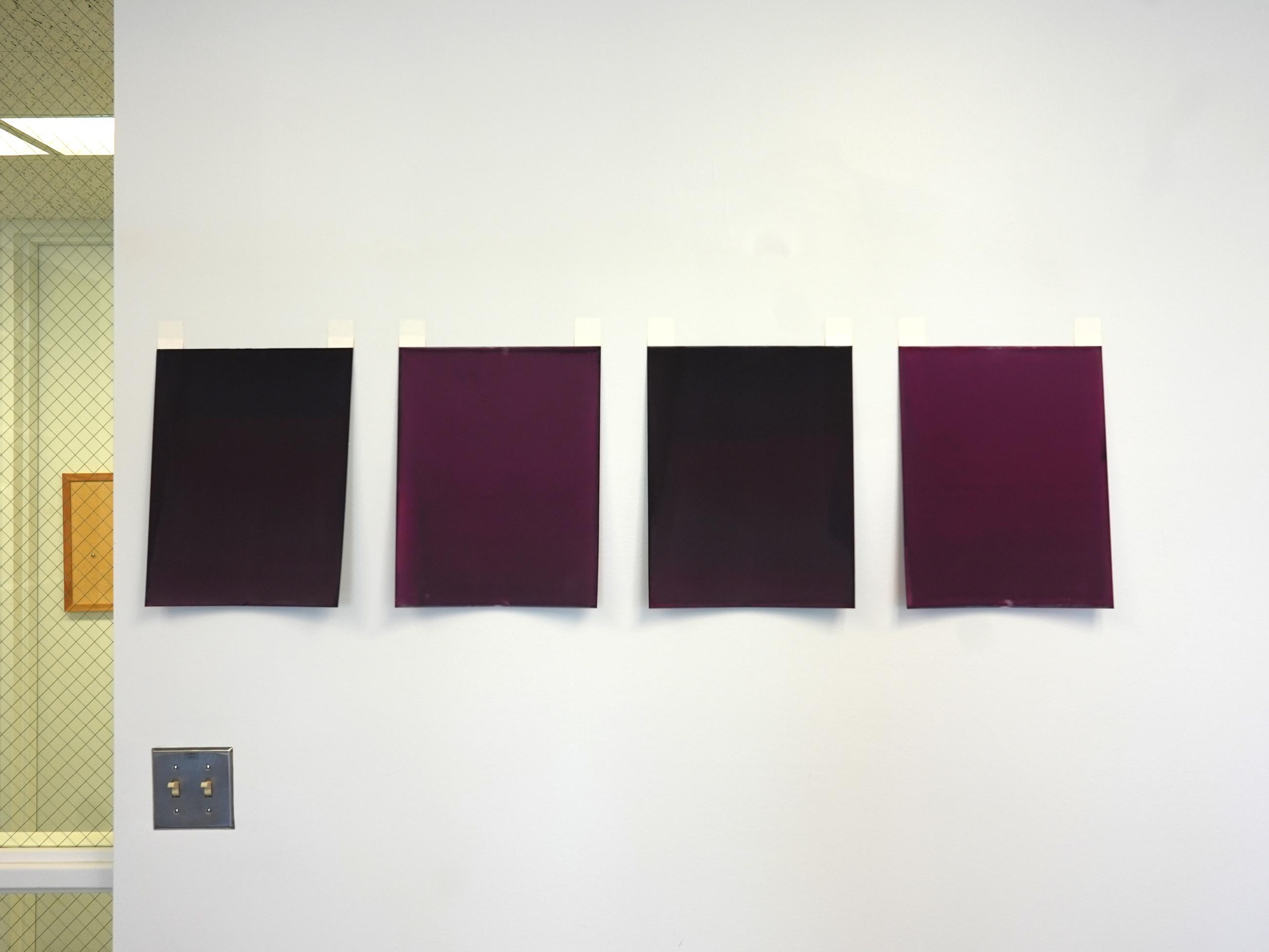 Four letter-sized paintings of solid purple hung on a white wall