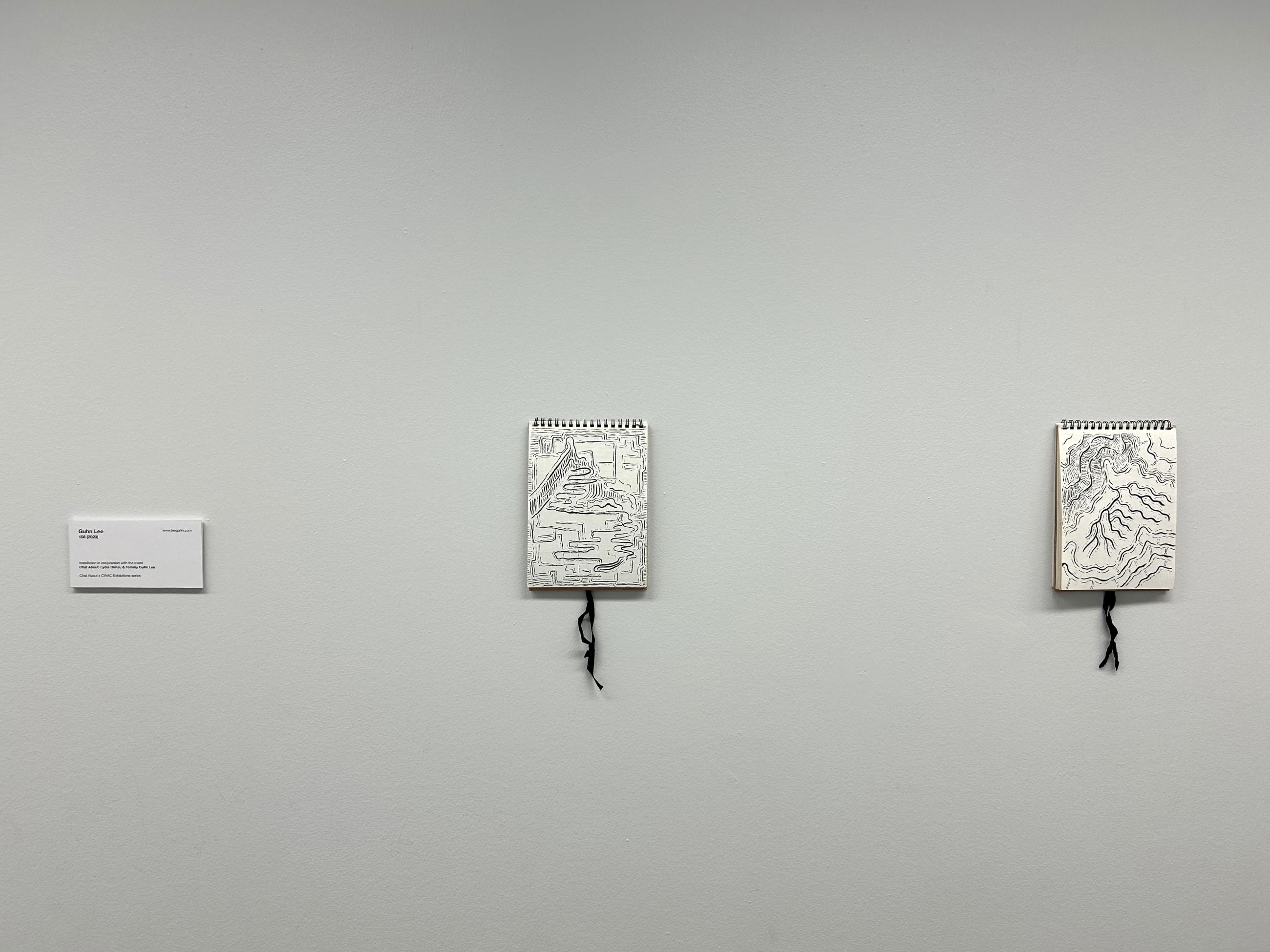 Two sketchbooks with black and white abstract drawings on a white wall