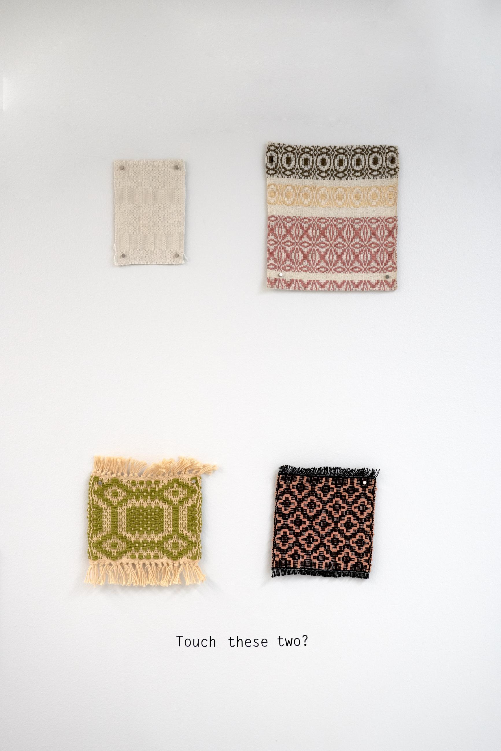 Four woven potholders with geometric patterns and text that reads "touch these two?"