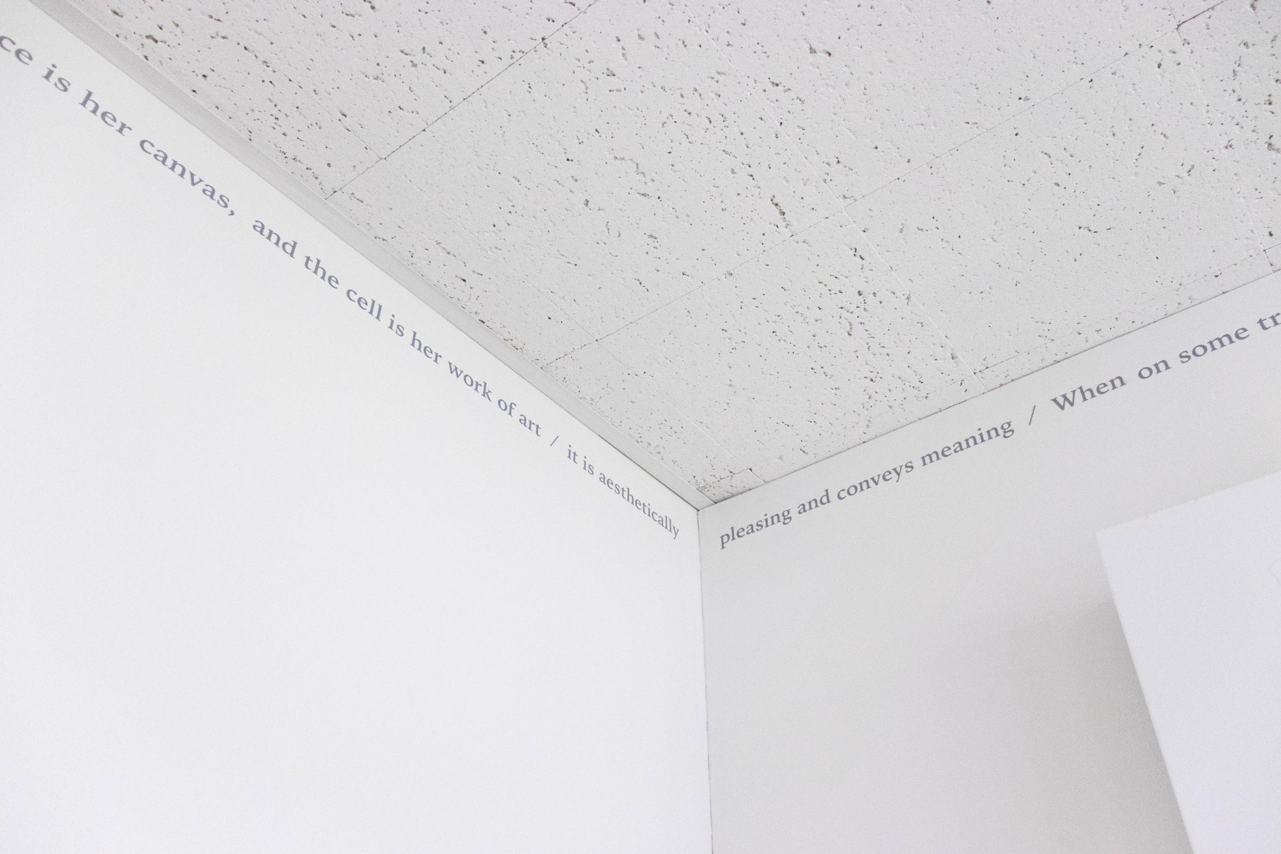 black text lining the top of a wall near the ceiling