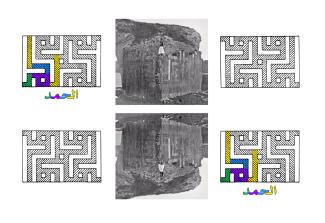 Colored diagrams visualizing ornamentation on the structure.