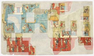 Colorful reconstruction of mural, with images of what the mural would've appeared as overlayed on a photograph of the current wall surface.