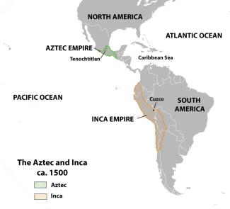 Map of North and South America with colored areas showing Aztec and Inca empires circa 1500.