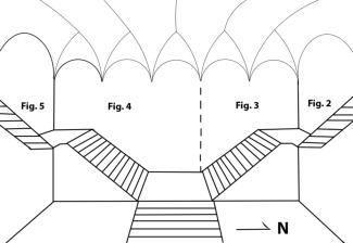 black and white line drawing showing a large staircase and wall with arched ceiling