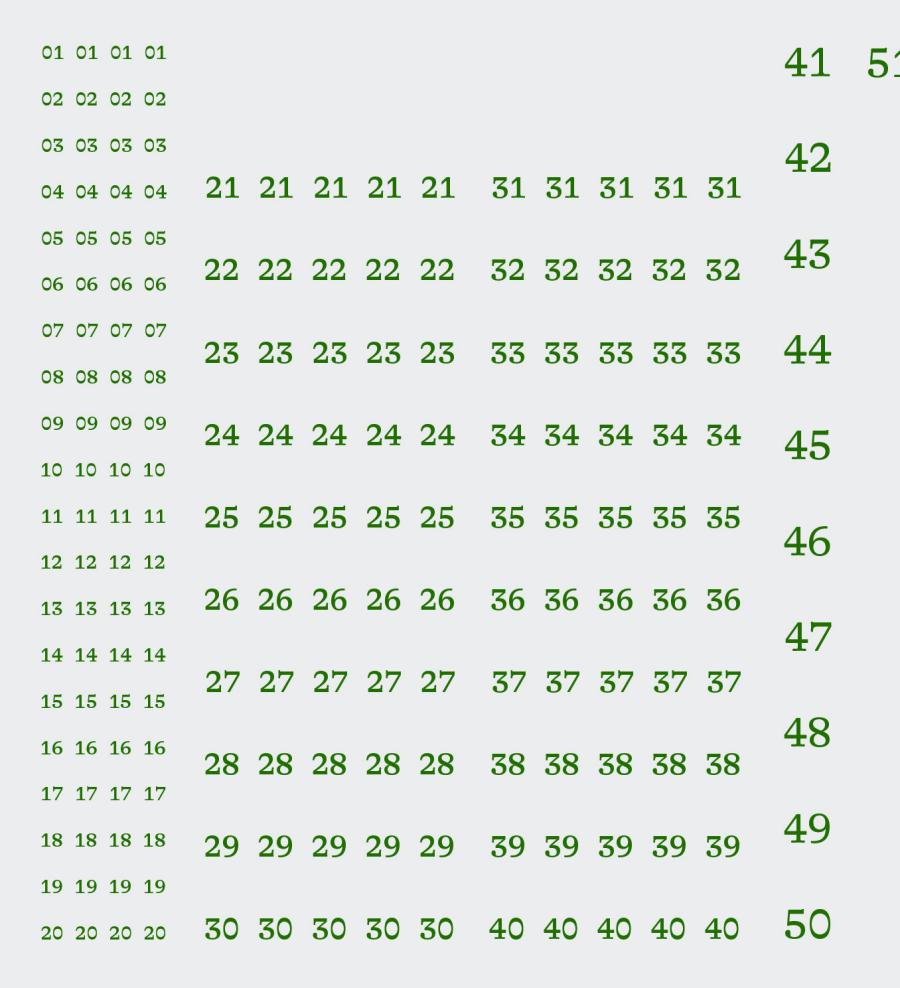 Grid of numbers one through fifty, with the number fifty-one cut in half vertically