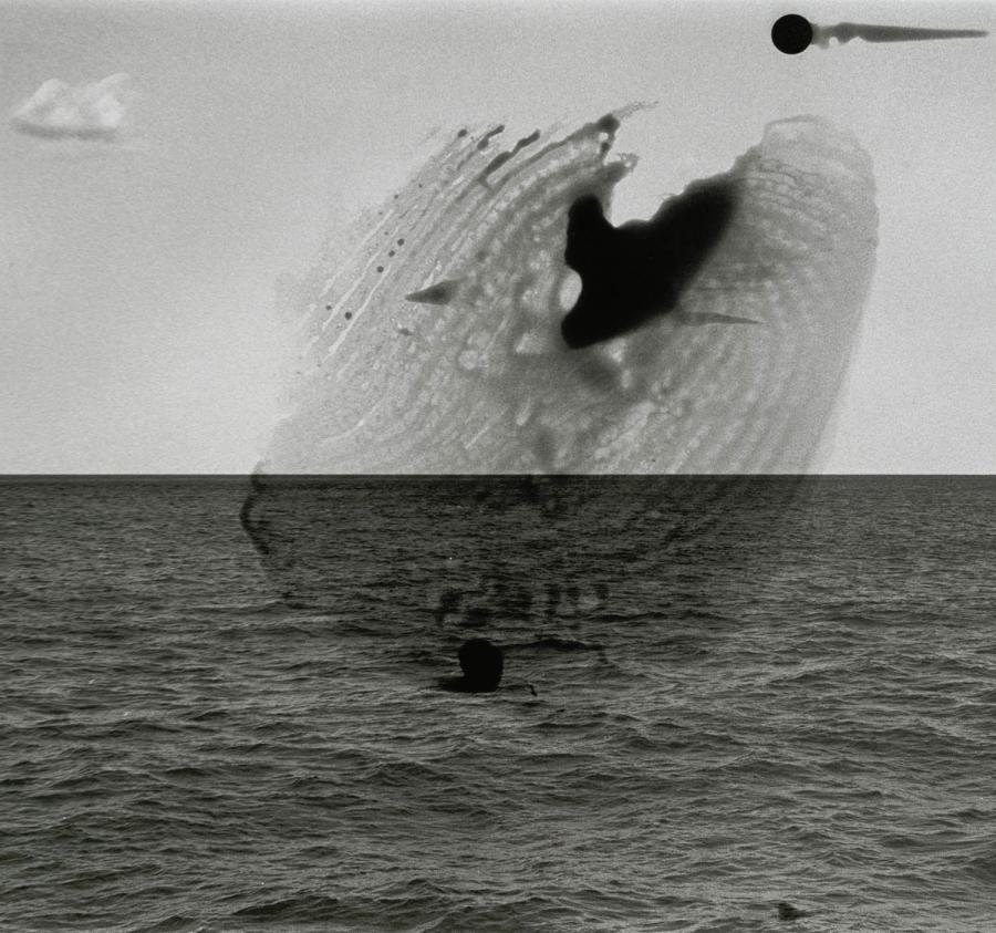 A partial fingerprint hovers over a view of the horizon line between sky and ocean.